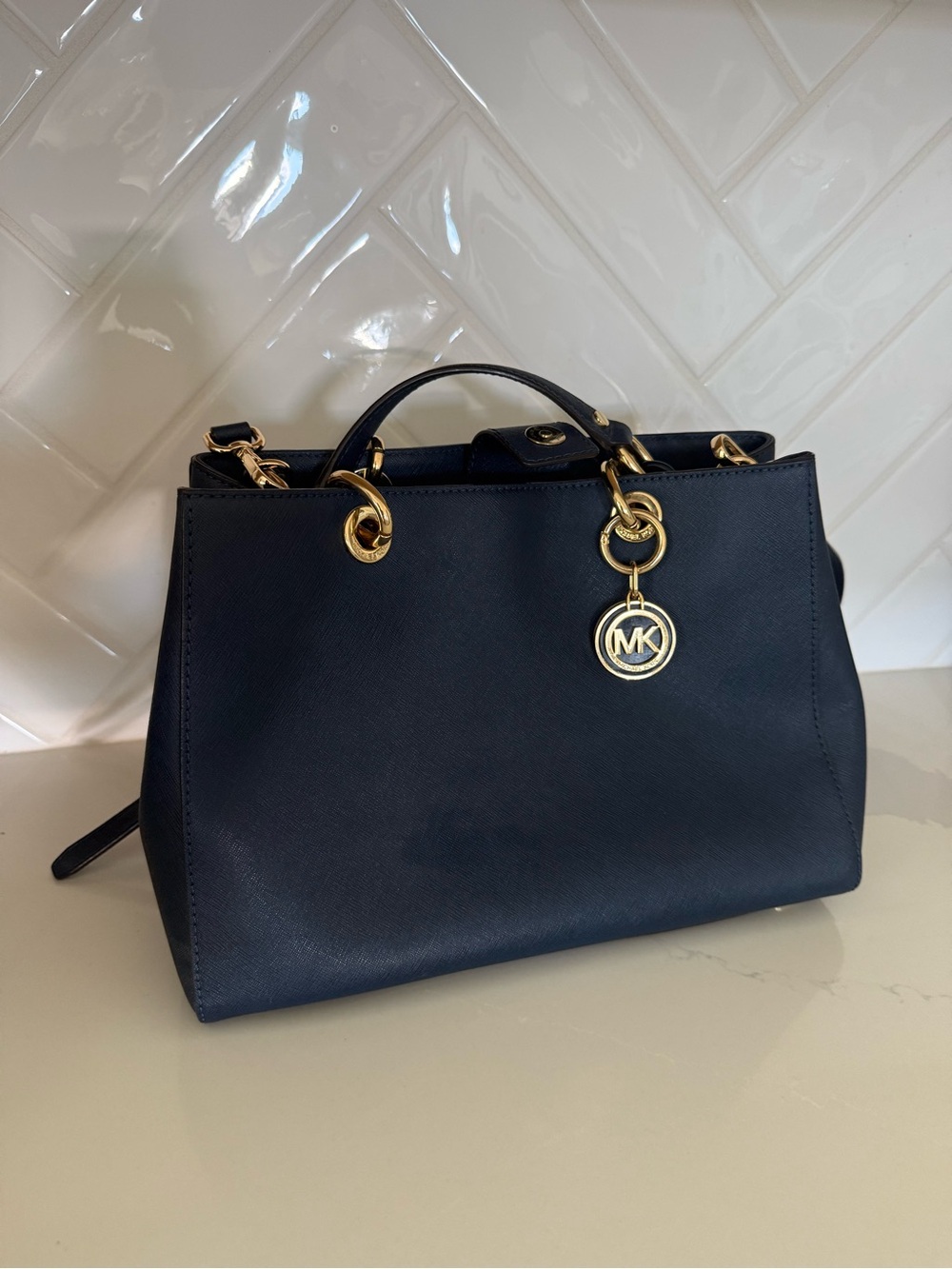 Michael Kors Navy Saffiano Leather Satchel with Gold-Tone Hardware